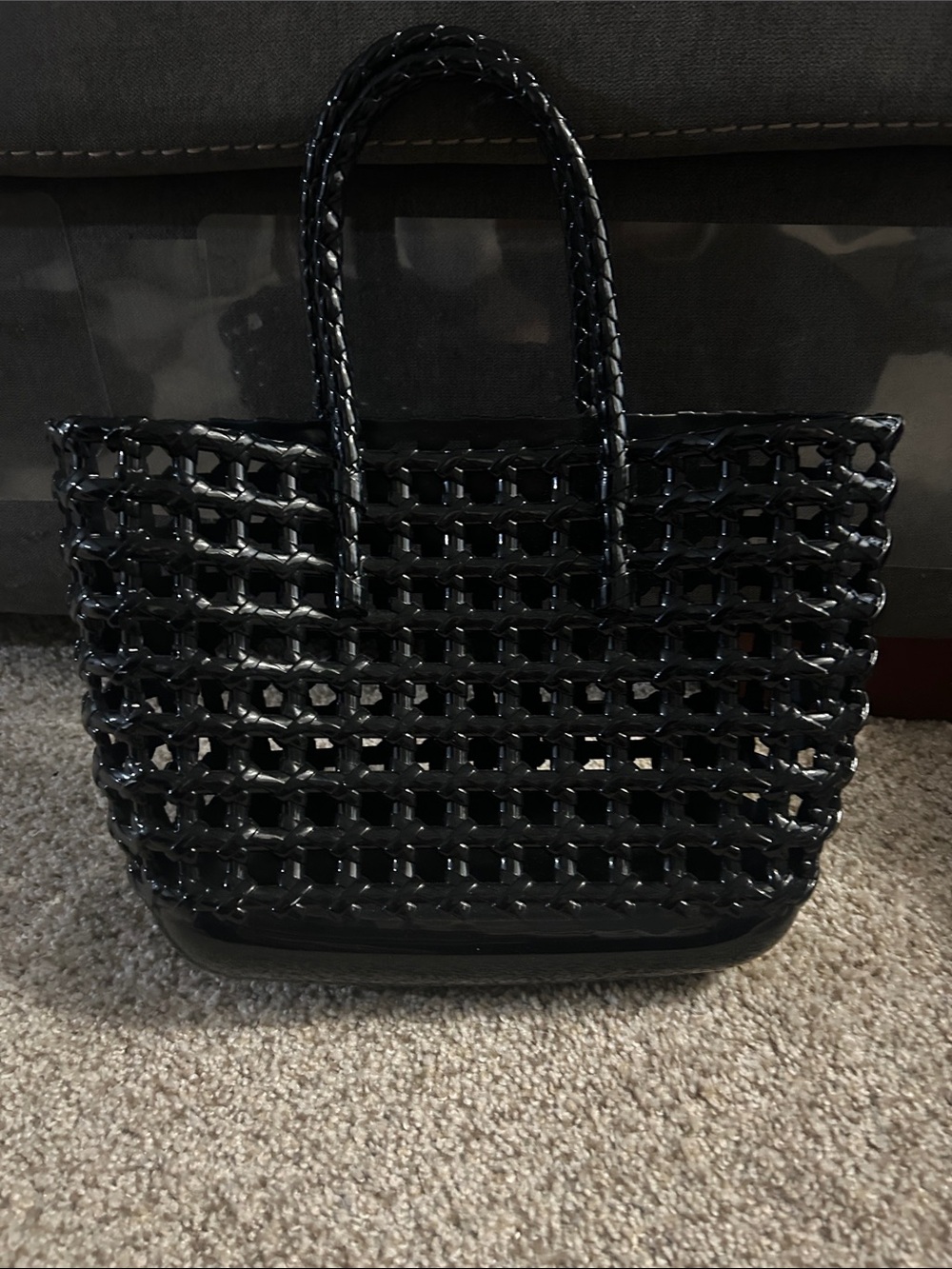 Glossy Black Woven Tote with Braided Handles